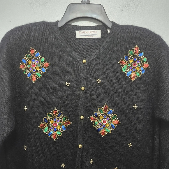 Karen Scott vintage women's sweater cardigan size M black silk rabbit ha… - Picture 2 of 6